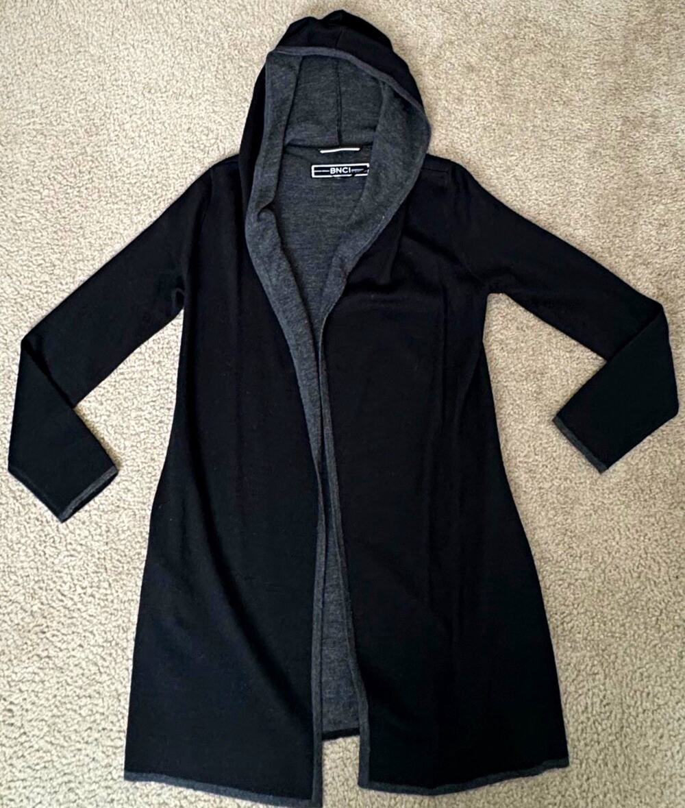 BNCI Blanc Noir Womens Small Hooded Long Cardigan Black Gray Wool Blend Duster